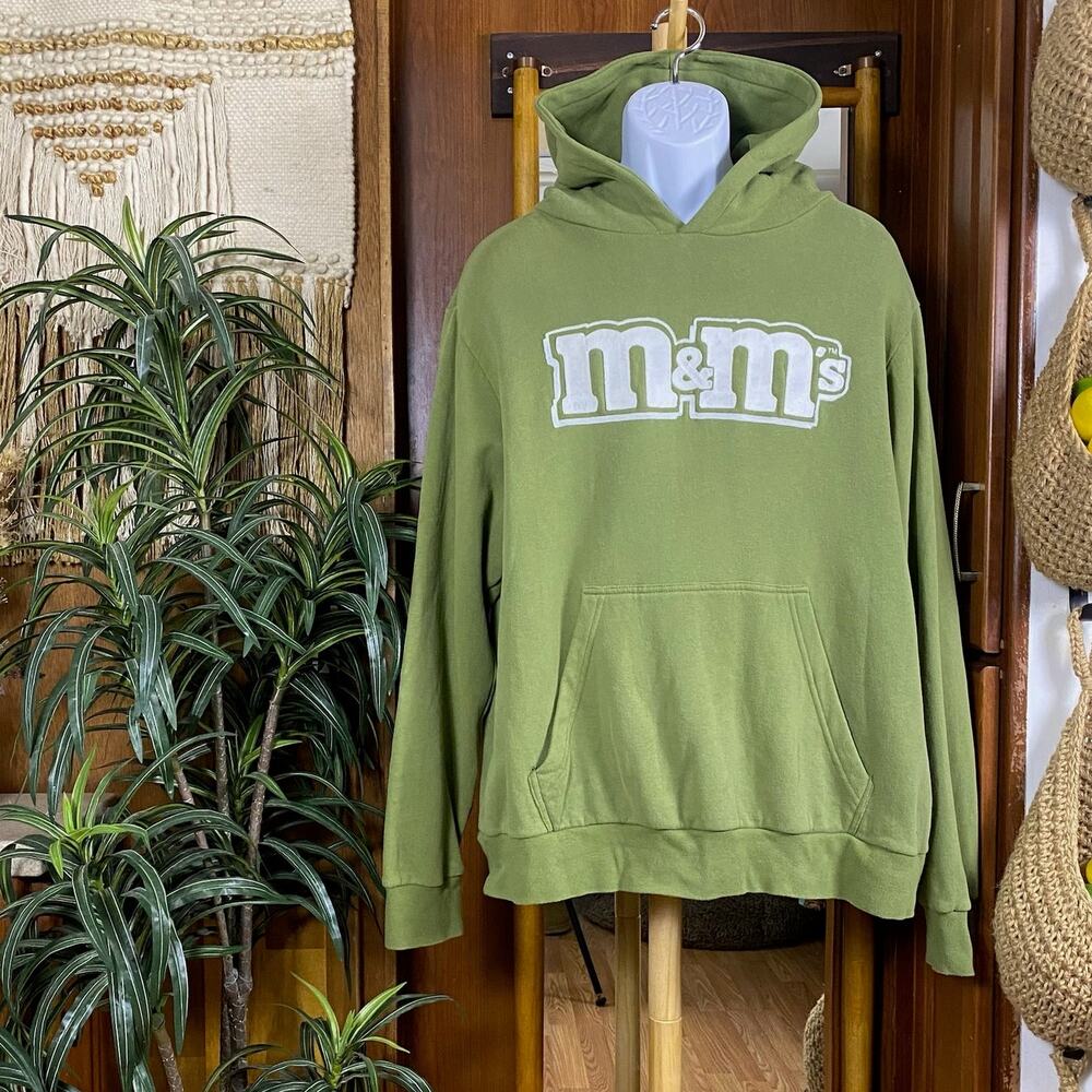M&M’s Green Logo Hoodie Mens L Graphic Sweatshirt Fleece Pullover Unisex Y2K
